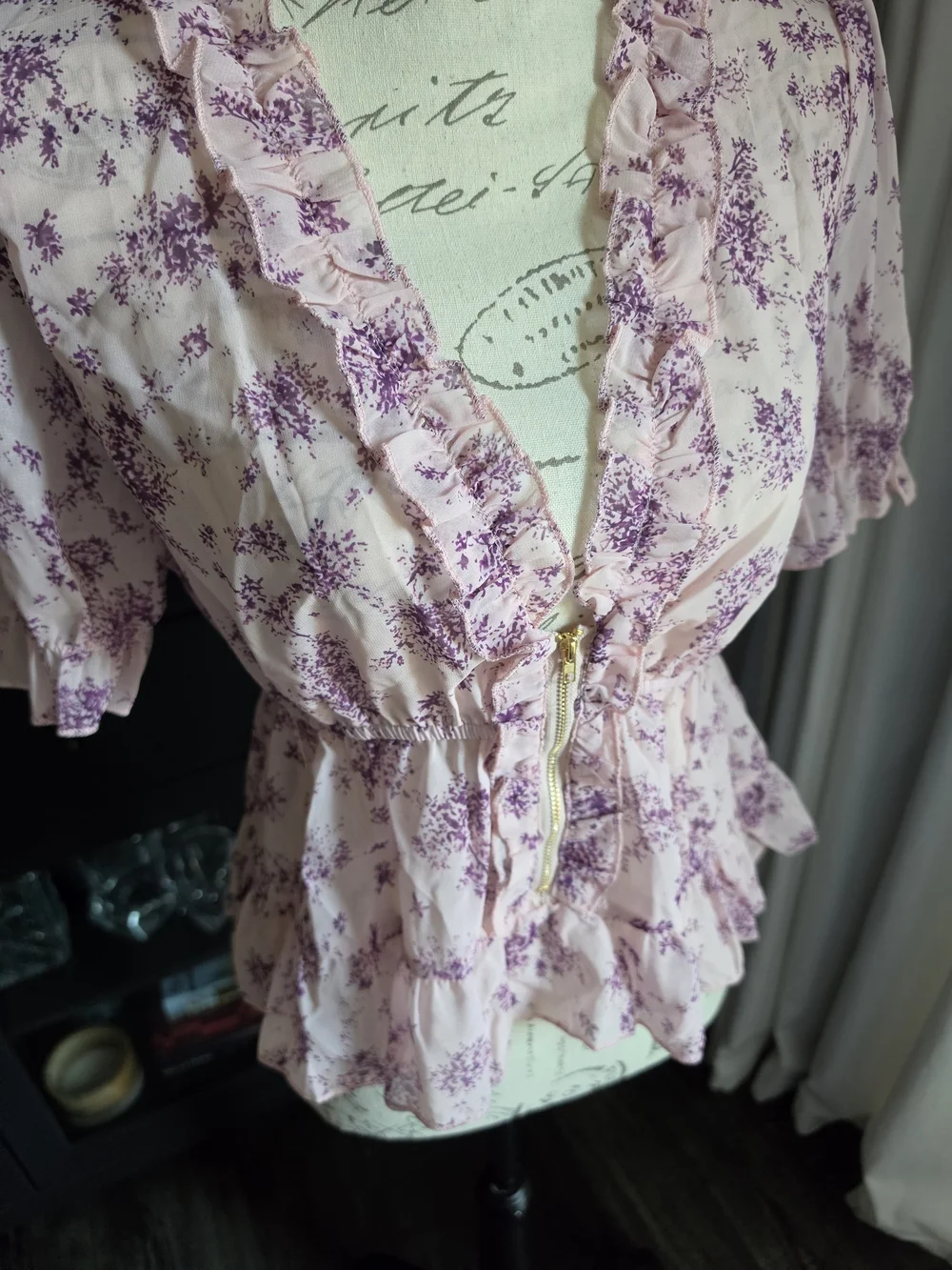 Sheer Floral Lavender Peplum Blouse with Zip Front